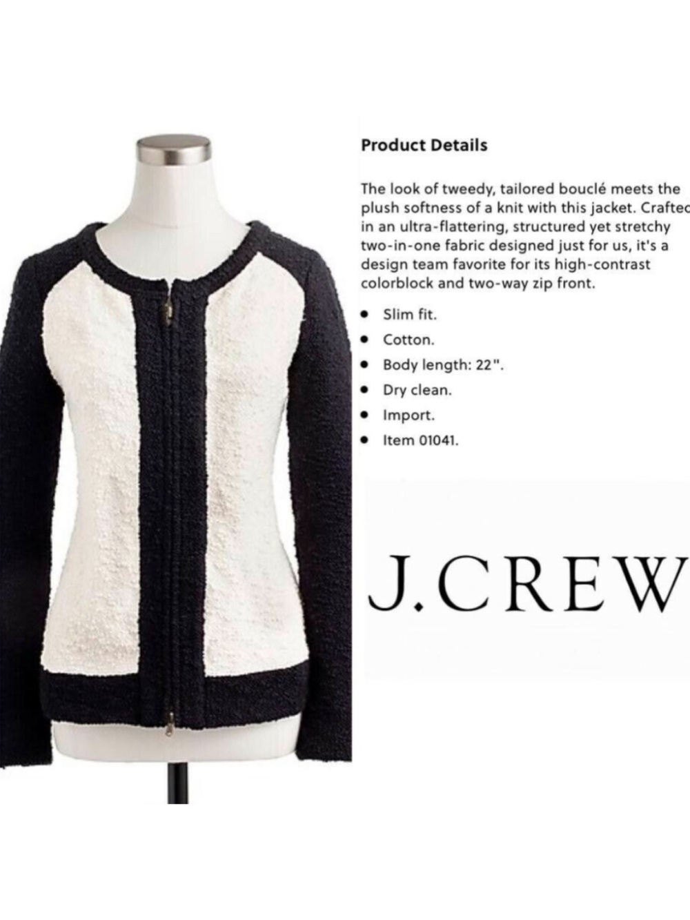 J. CREW • Blogger’s Favorite Boucle Baseball Colorblock Black & White Zip Jacket - Picture 4 of 14